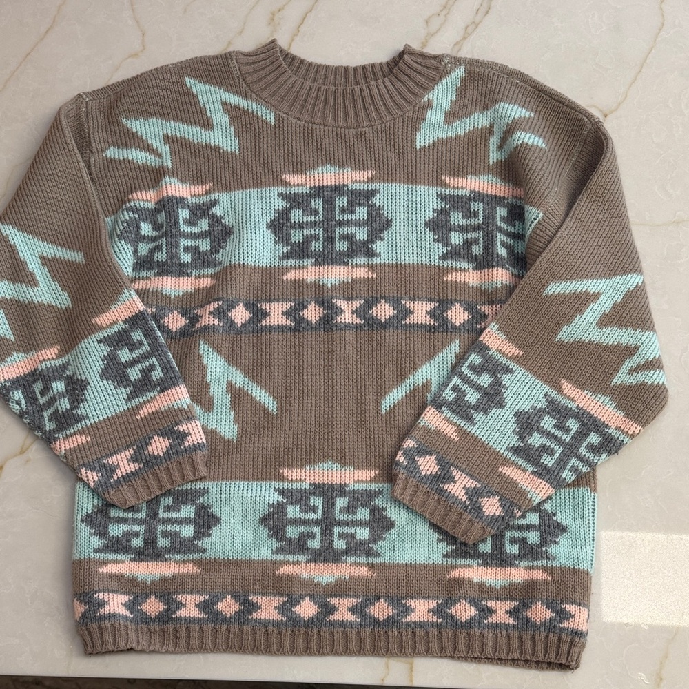 Vintage touch me knits Brown and Teal Patterned Sweater